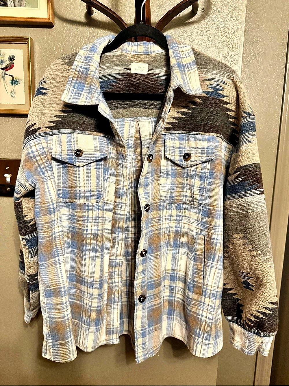Blue Buttercup Plaid Aztec Southwest Flannel Contrast Shacket Top